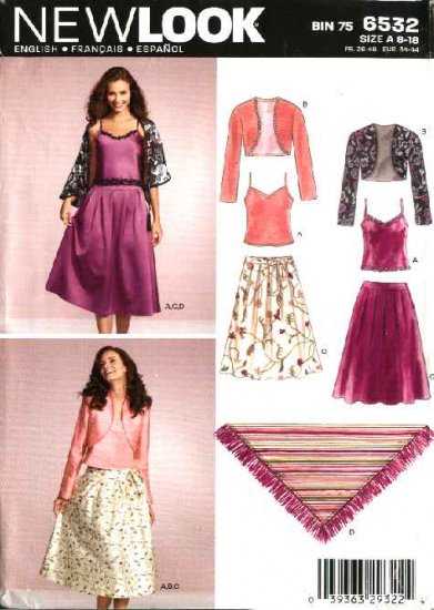 New Look Sewing Pattern 6532 Misses Size 8-18 Camisole Top Skirt Bolero Shawl