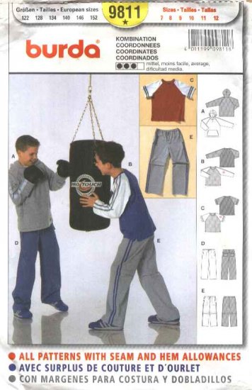 Burda Sewing Pattern 9811 Boys Size 7-12 T-shirts Jackets Pants Workout Exercise Hoodie