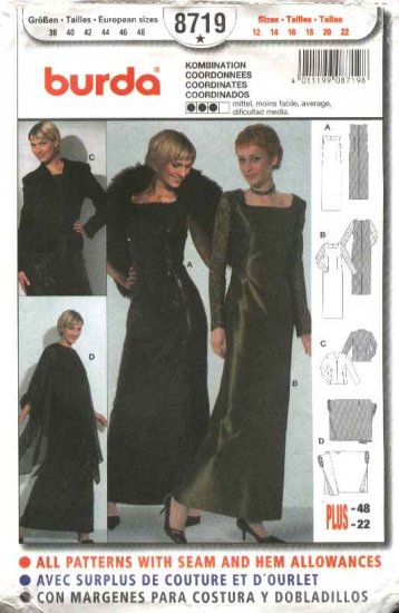 Burda Sewing Pattern 8719 Misses Size 12-22 Evening Gown Dress Jacket Formal