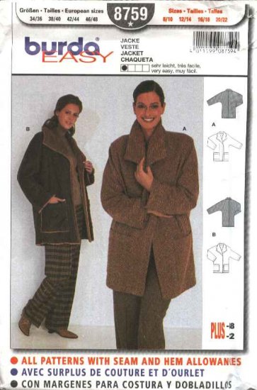 Burda Sewing Pattern 8759 Misses Size 8-22 Easy Loose Fitting Long Sleeve Jacket