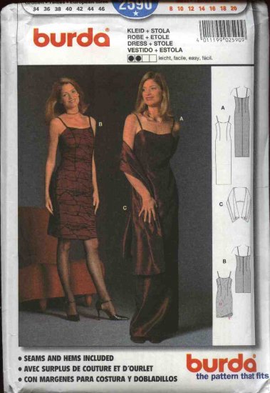 Burda Sewing Pattern 2590 Misses Size 8-20 Easy Formal Dress Gown Stole Evening