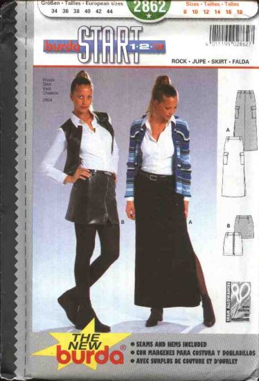 Burda Sewing Pattern 2862 Misses Size 8-18 Easy Long Skirt Mini-skirt