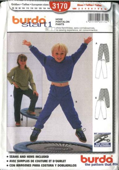 Burda Sewing Pattern 3170 Size 18M-10 Children's Boys Girls Easy Pull-on Pants