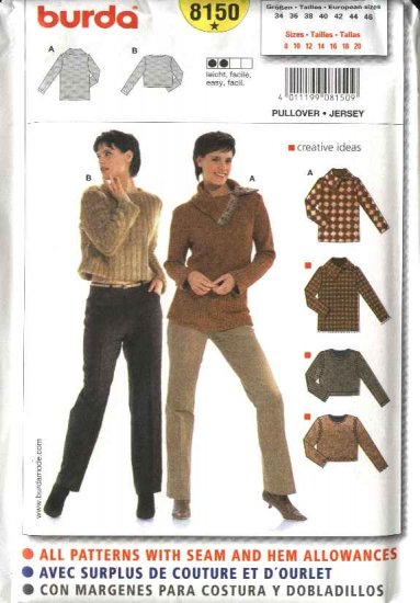 Burda Sewing Pattern 8150 Misses Size 8-20 Easy Pullover Long Sleeve Knit Tops