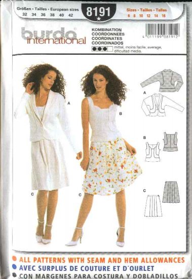 Burda Sewing Pattern 8191 Misses' Size 6-16 Jacket Top Skirt