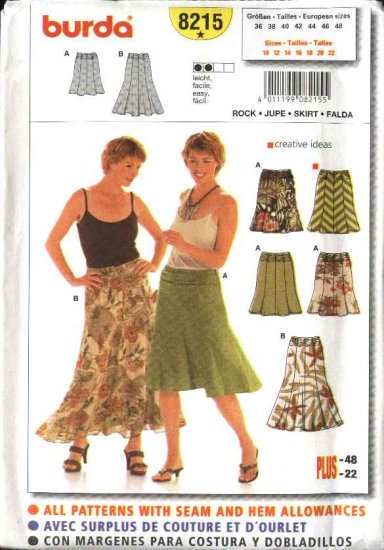Burda Sewing Pattern 8215 Misses Size 10-22 Easy Flared Gored Ruched Skirt