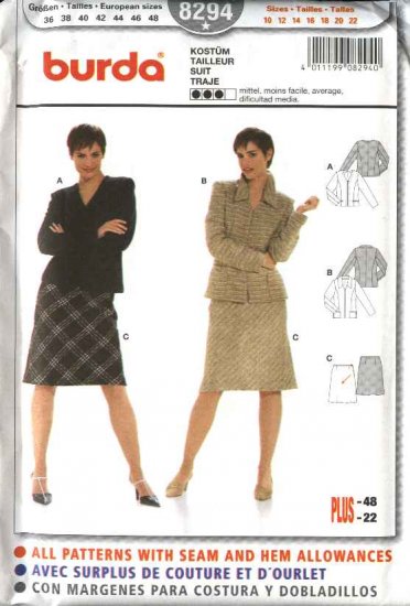 Burda Sewing Pattern 8294 Misses Size 10-22 Jackets Skirt Suit