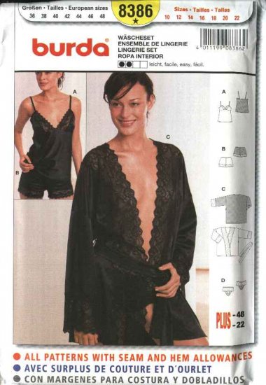 Burda Sewing Pattern 8386 Misses Size 10-22 Easy Lingerie Set Camisole Panties Bed Jacket Tap Pants