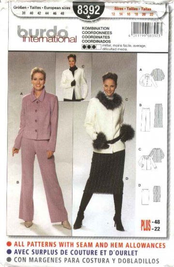 Burda Sewing Pattern 8392 Misses Size 12-22 Skirt Jacket Pants Suit