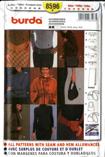 Burda Sewing Pattern 8596 Misses Size 8-20 Fashion Accessories Belts Scarf Purses Bags Handbags