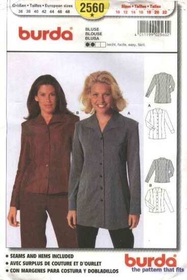 Burda Sewing Pattern 2560 Misses Sizes 10-22 Easy Blouse Shirt