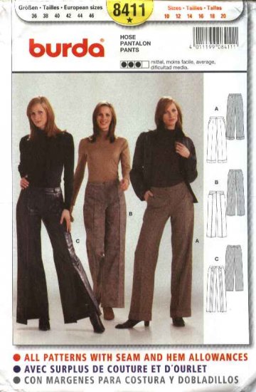 Burda Sewing Pattern 8411 Misses Size 10-20 fitted Pants Trousers