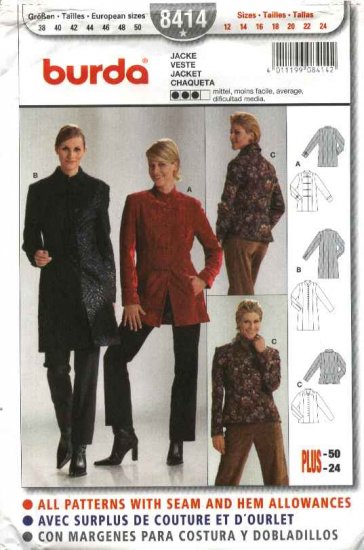 Burda Sewing Pattern 8414 Misses Sizes 12-24 Fitted Lined Jacket Coat