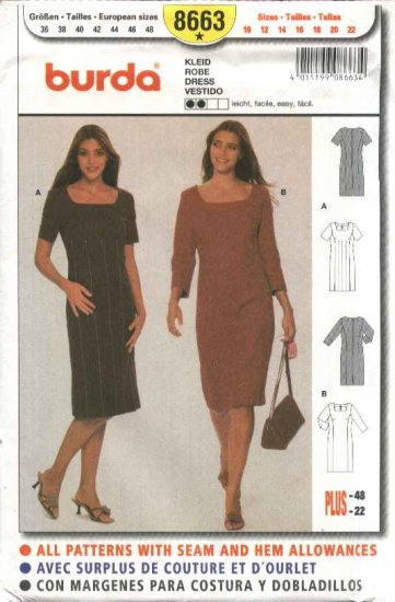 Burda Sewing Pattern 8663 Misses Sizes 10-22 Easy Classic Straight Dresses
