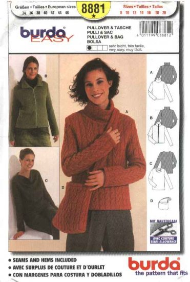 Burda Sewing Pattern 8881 Misses Sizes 8-20 East Pullover Sweater Jacket Bag Purse