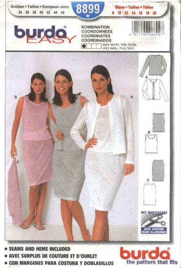 Burda Sewing Pattern 8899 Misses size 8-20 Easy Cardigan Shell Top Straight Skirt