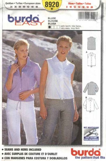 Burda Sewing Pattern 8920 Misses Size 8-20 Easy Blouse Top Shirt