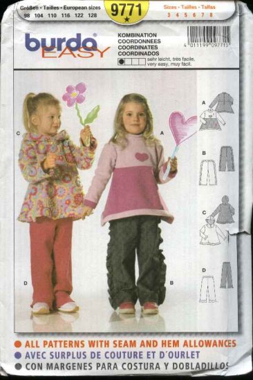 Burda Sewing Pattern 9771 Girls Sizes 3-8 Easy Pullover Tops and Pull-on Pants
