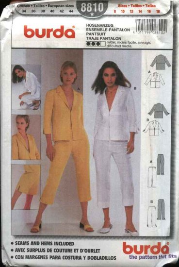 Burda Sewing Pattern 8810 Misses Sizes 8-18 Pantsuit Jacket Top Capri Pants