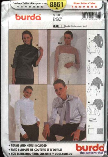 Burda Sewing Pattern 8861 Misses Sizes 8-20 Easy Blouses Tops