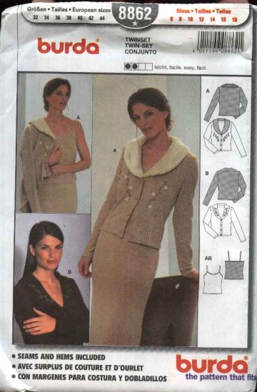 Burda Sewing Pattern 8862 Misses Sizes 6-18 Easy Twinset Sweater Camisole Embroidery