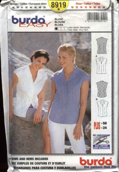 Burda Sewing Pattern 8919 Misses Sizes 10-24 Easy Classic Button Front Blouse Shirt