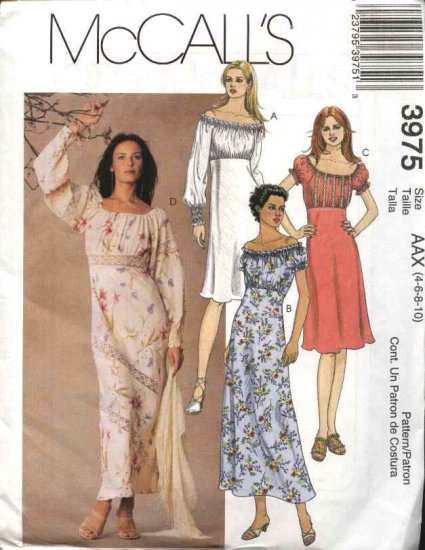 McCall's Sewing Pattern 3975 Misses Size 4-10 A-line Bias Peasant Baby Doll Empire Waist Dresses
