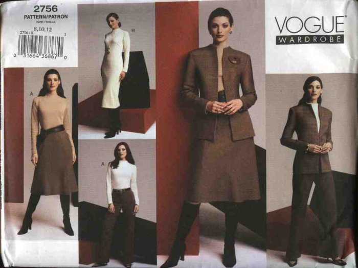 Vogue Sewing Pattern 2756 V2756 Misses Size 8-12 Wardrobe Dress Jacket Skirt Top Pants