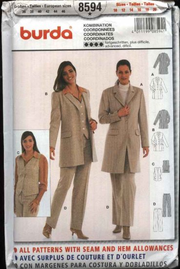 Burda Sewing Pattern 8594 Misses size 10-20 Jacket Vest Pants Pantsuit Coordinates