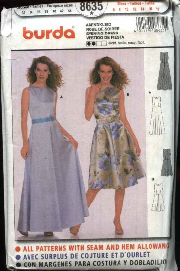 Burda Sewing Pattern 8635 Misses Size 6-18 Easy Evening Dress Gown Formal Belt