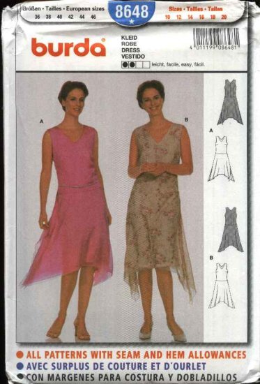 Burda Sewing Pattern 8648 Misses Size 10-20 Easy Layered Dress Asymmetrical Hemline