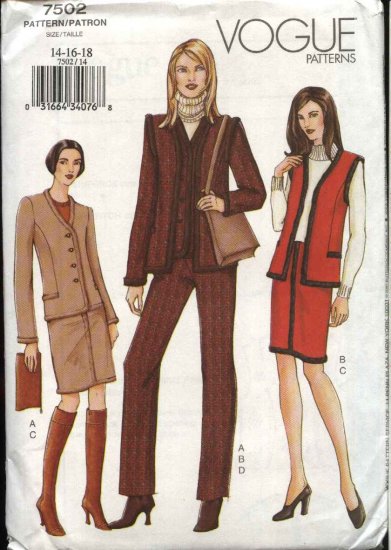 Vogue Sewing Pattern 7502 Misses Size 14-18 Jacket Vest Skirt Pants Wardrobe