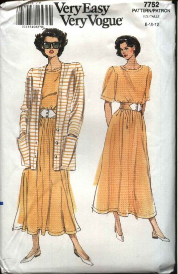 Vogue Sewing Pattern 7752 Misses Size 8-12 Easy Skirt Top Cardigan Jacket
