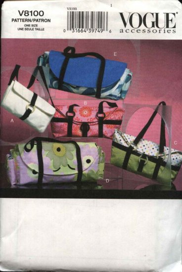 Vogue Sewing Pattern 8100 Five Bags Pockbooks Totes Handbags Purses