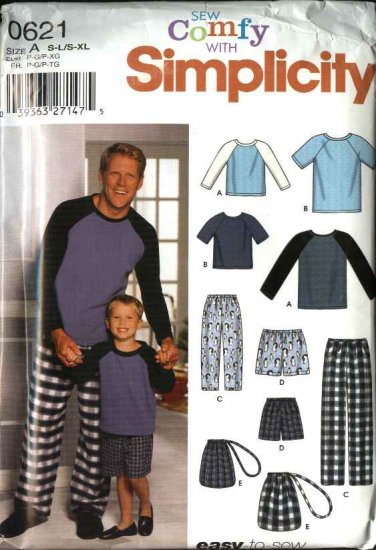 Simplicity Sewing Pattern 0621 9499 Mens Size 34-48" Boys Size 22-27" Pajamas Knit Top Pants Shorts