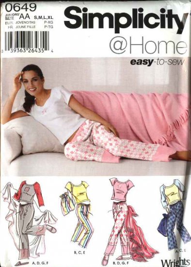 Simplicity Sewing Pattern 0649 5923 Junior Girls Size S-XL Pants Tops Slippers Pajamas Bag Blanket