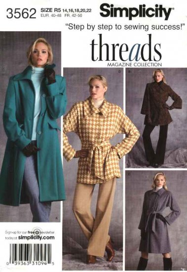 Simplicity Sewing Pattern 3562 Misses Size 14-22 Coat Jacket Threads Long Sleeves