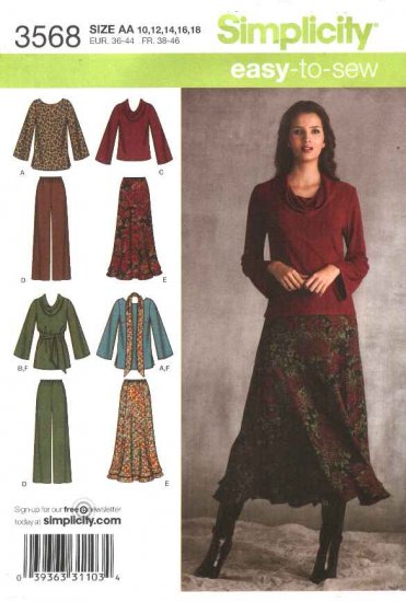 Simplicity Sewing Pattern 3568 Misses Size 10-12-14-16-18 Easy Wardrobe Skirt Pants Top Pullover