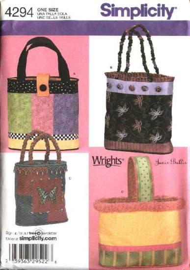 Simplicity Sewing Pattern 4294 Four Lined Bags Totes Totebags Creative Embellishment Beading