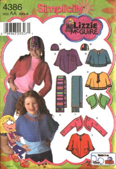 Simplicity Sewing Pattern 4386 Girls Size 7-16 Fleece Shrug Capelet Scarf Hat Lizzie Mcguire