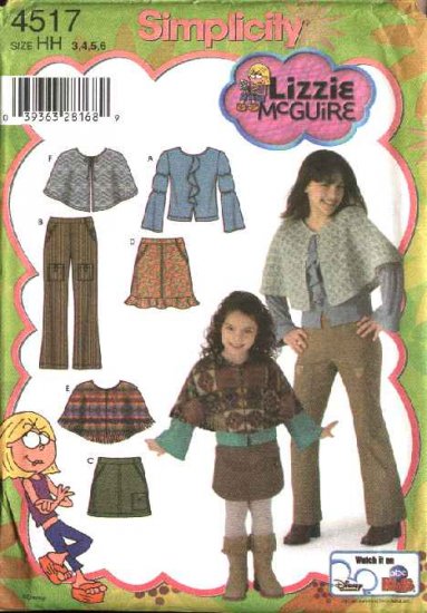 Simplicity Sewing Pattern 4517 Girls Size 3-4-5-6 Wardrobe Skirt Poncho Top Pants Capelet