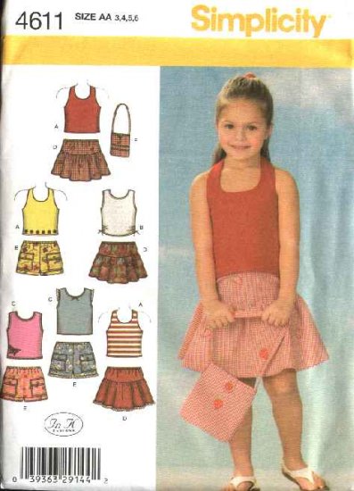 Simplicity Sewing Pattern 4611 Girls Size 3-4-5-6 Shorts Skirts Knit Tops Purse Bag