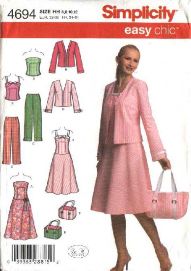 Simplicity Sewing Pattern 4694 Misses Size 6-12 Easy Wardrobe Sundress Jacket Top Pants Bag