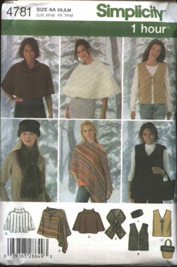 Simplicity Sewing Pattern 4781 0540 Misses Size 6-16 Ponchos Vest Scarf Head Band Bag