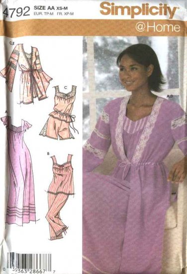 Simplicity Sewing Pattern 4792 Misses Size 6-16 Nightgown Pajamas Robe Gown Top Pants Shorts