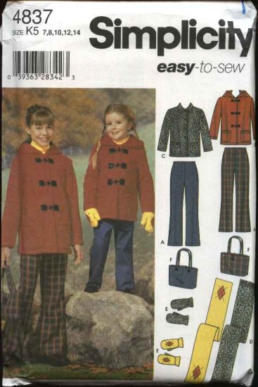 Simplicity Sewing Pattern 4837 Girls Size 7-14 Easy Duffle Jacket Pants Purse Scarf Mittens