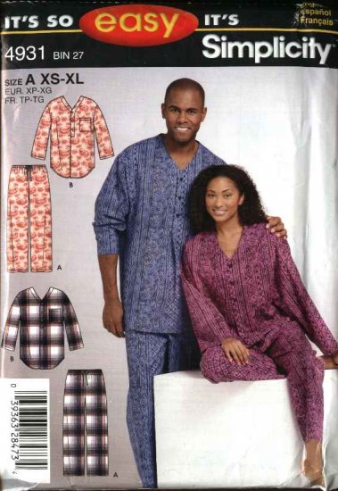 Simplicity Sewing Pattern 4931 Mens Misses Teens Size XS-XL Easy Pants Top Nightshirt Pajamas
