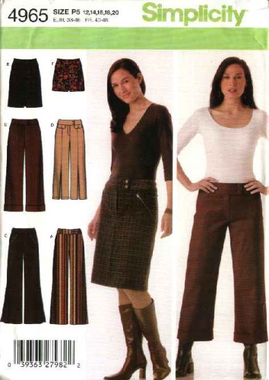 Simplicity Sewing Pattern 4965 Misses Size 4-6-8-10 Cropped Long Pants Straight Skirt Mini-skirt
