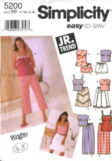 Simplicity Sewing Pattern 5200 Junior Size 3/4-9/10 Easy Wardrobe Tunic Top Pants Skirt Shorts