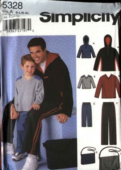 Simplicity Sewing Pattern 5328 Boys Mens Size S-L/S-XL Pants Knit Hooded Tops Bag